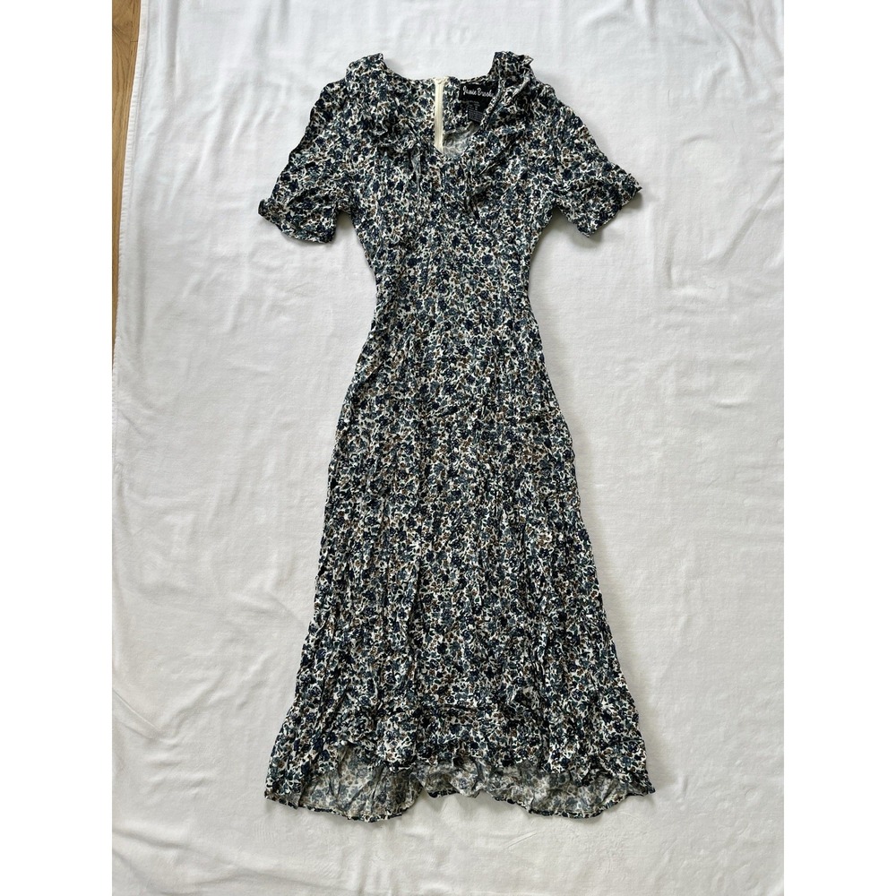 Vintage Midi Prairie Dress M Blue Floral Cottagecore 90s Garden Ruffle Dainty
